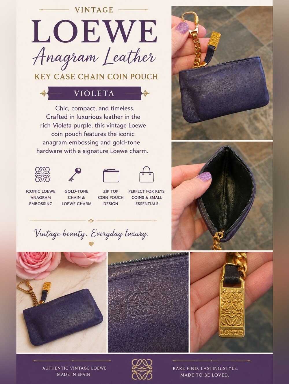 Vintage Loewe Anagram Leather Key Case Chain Coin Pouch in Violeta